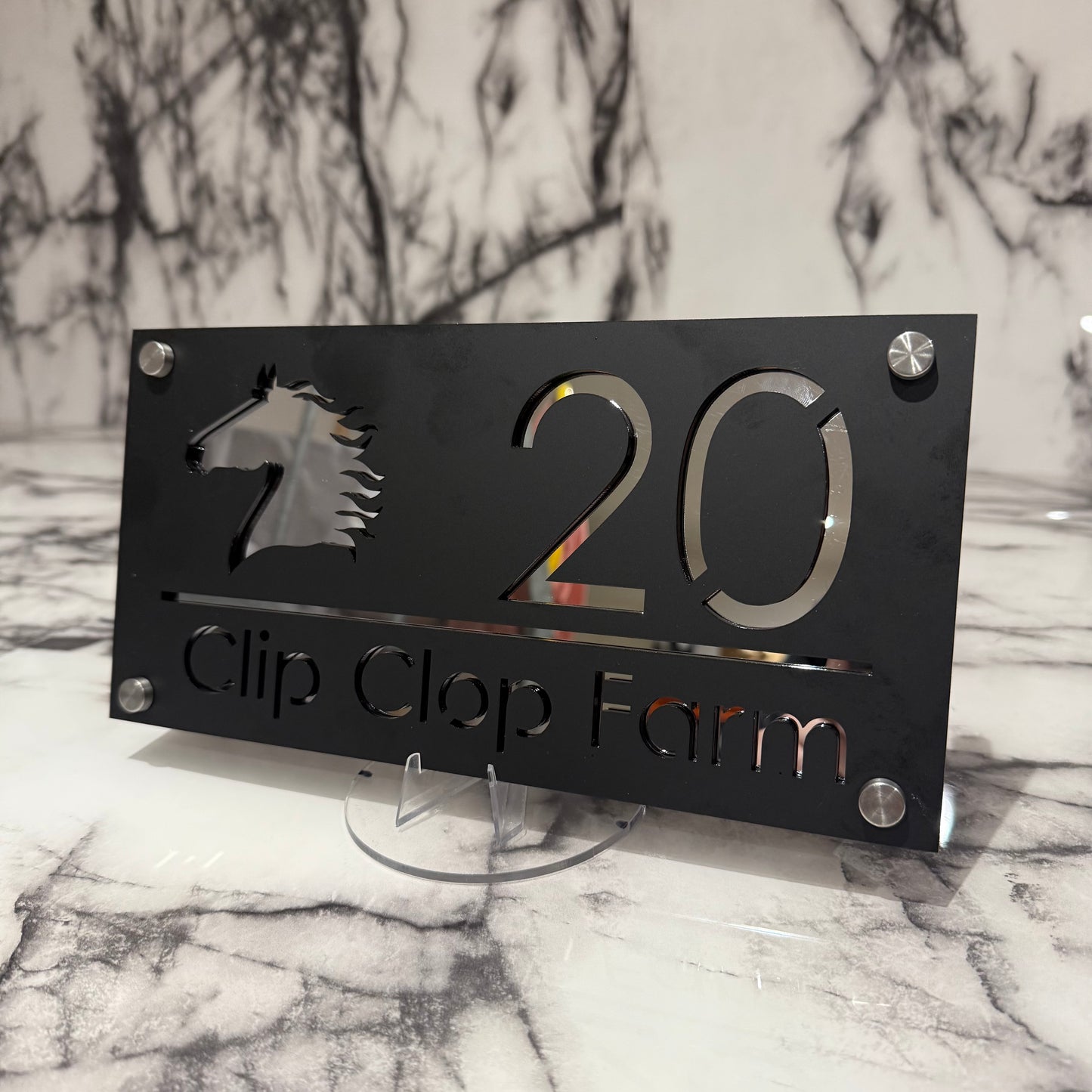Personalised Matte Black Acrylic Front Door Sign – Custom House Number & Street Name with Horse Head Cut Out and Custom Backplate Selection