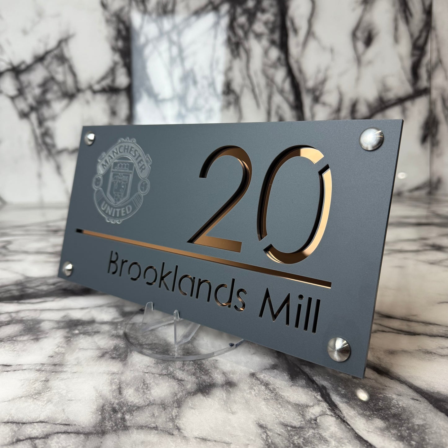 Personalised Matte Anthracite Acrylic Front Door Sign – Custom House Number & Street Name with Manchester United Badge Engraving and Custom Backplate Selection