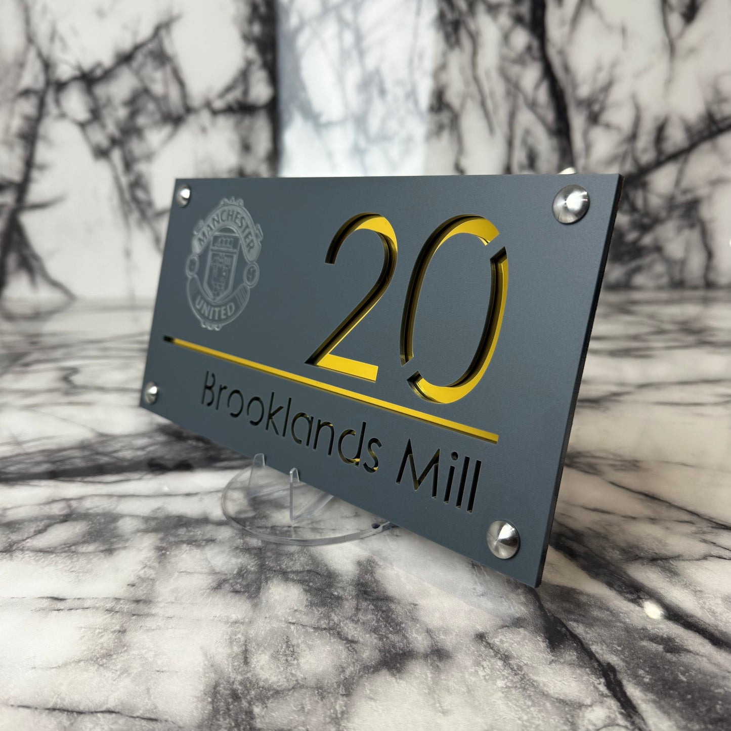 Personalised Matte Anthracite Acrylic Front Door Sign – Custom House Number & Street Name with Manchester United Badge Engraving and Custom Backplate Selection