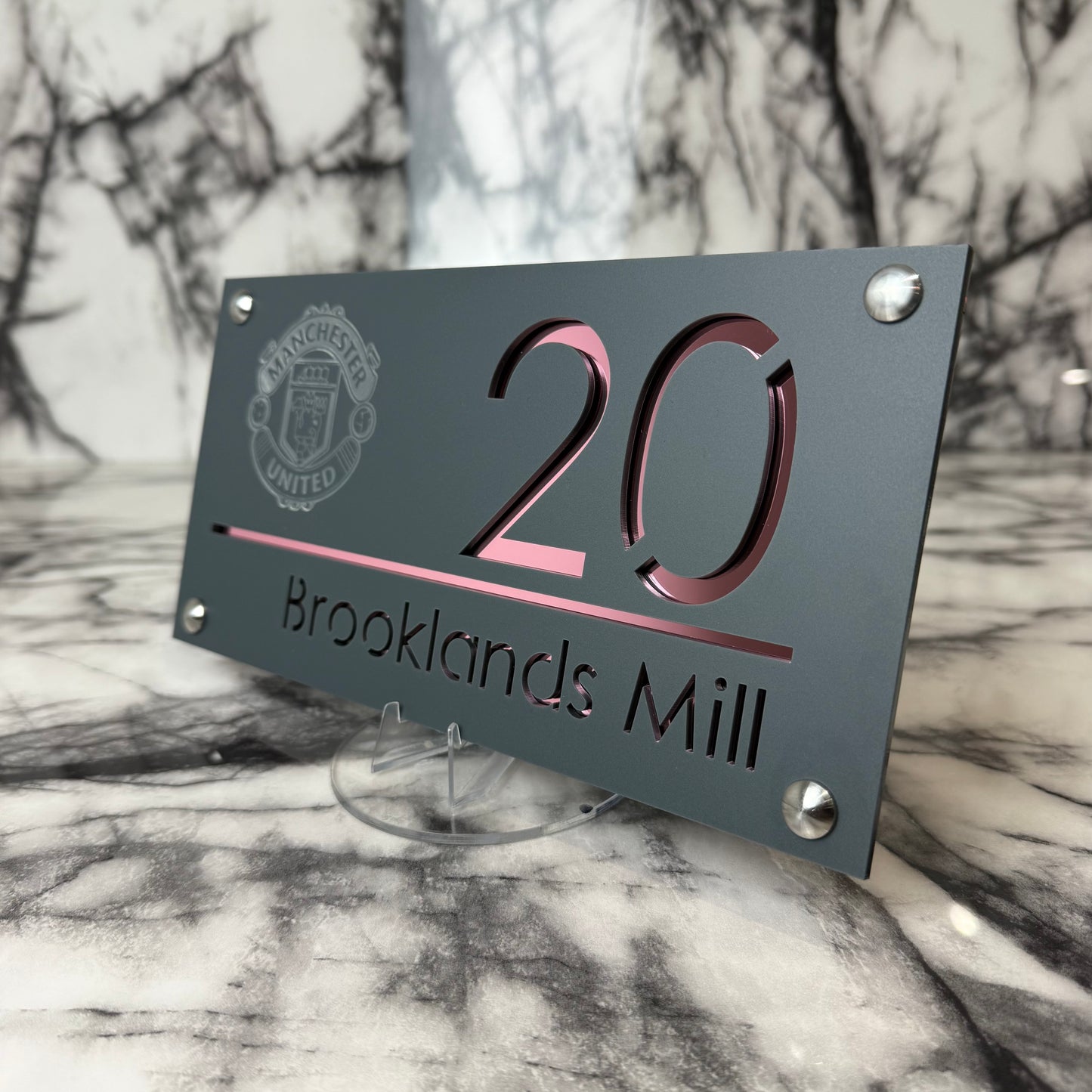 Personalised Matte Anthracite Acrylic Front Door Sign – Custom House Number & Street Name with Manchester United Badge Engraving and Custom Backplate Selection