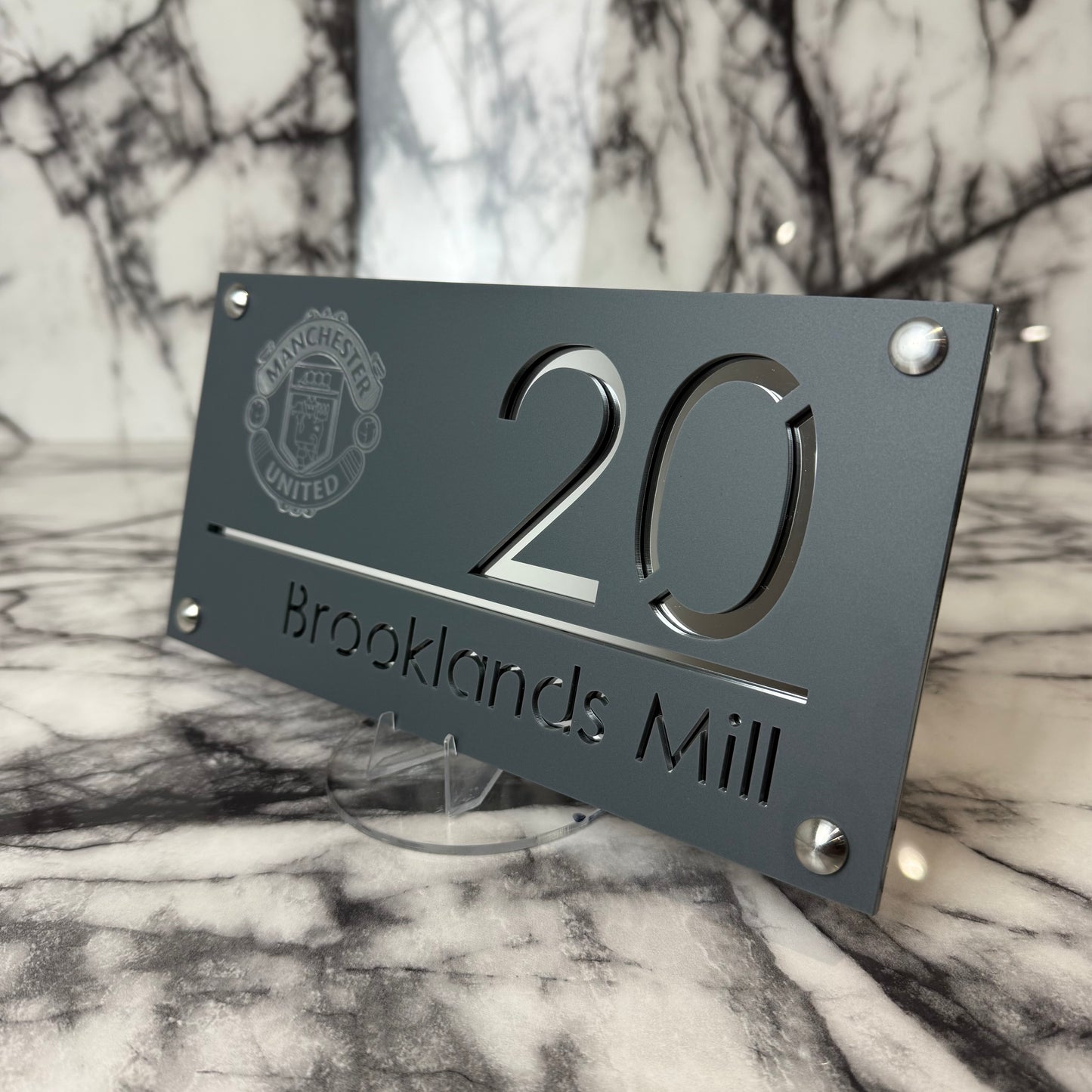Personalised Matte Anthracite Acrylic Front Door Sign – Custom House Number & Street Name with Manchester United Badge Engraving and Custom Backplate Selection