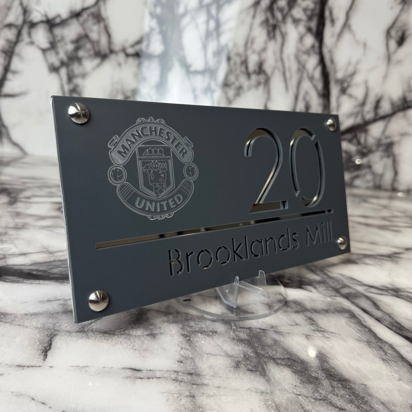 Personalised Matte Anthracite Acrylic Front Door Sign – Custom House Number & Street Name with Manchester United Badge Engraving and Custom Backplate Selection