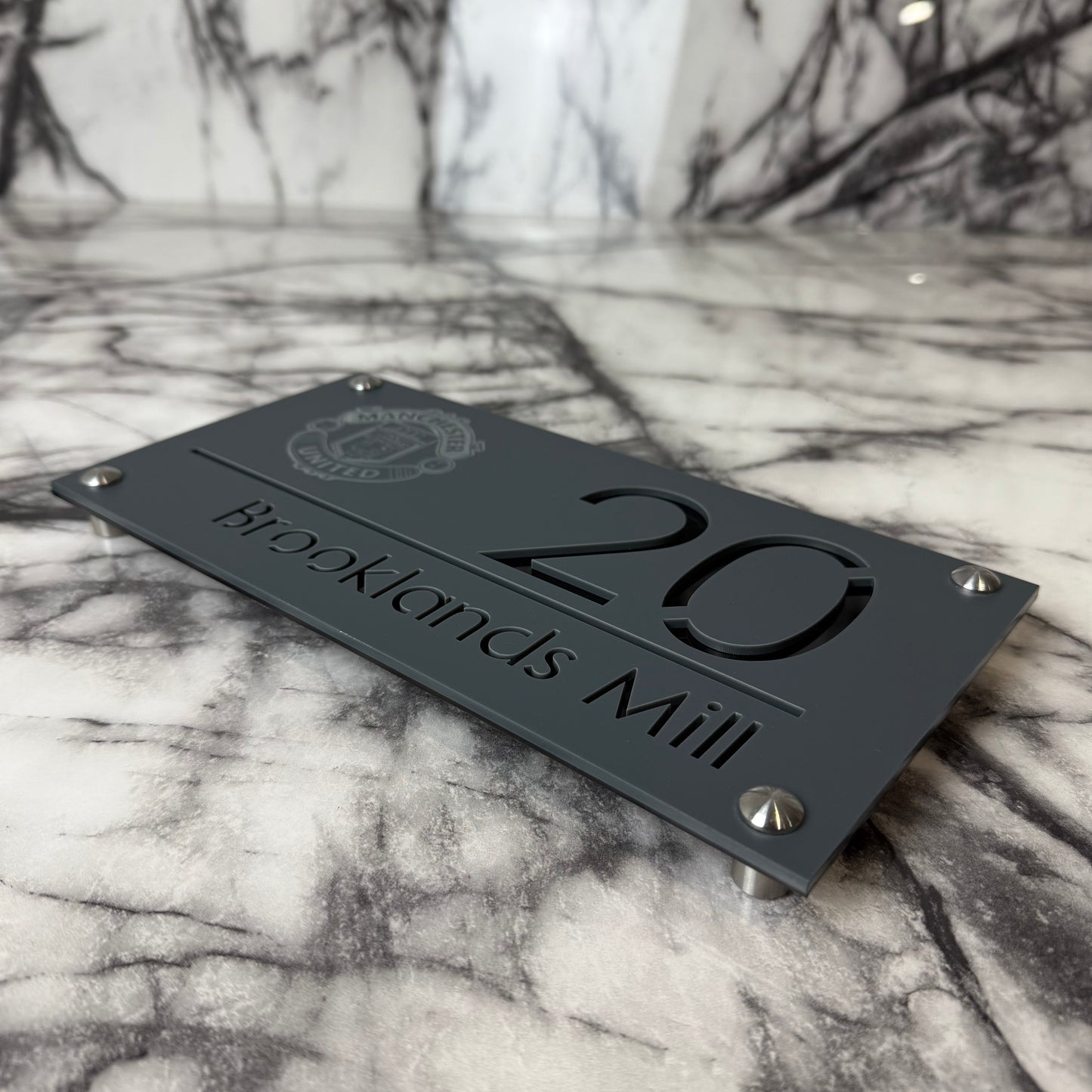Personalised Matte Anthracite Acrylic Front Door Sign – Custom House Number & Street Name with Manchester United Badge Engraving and Custom Backplate Selection