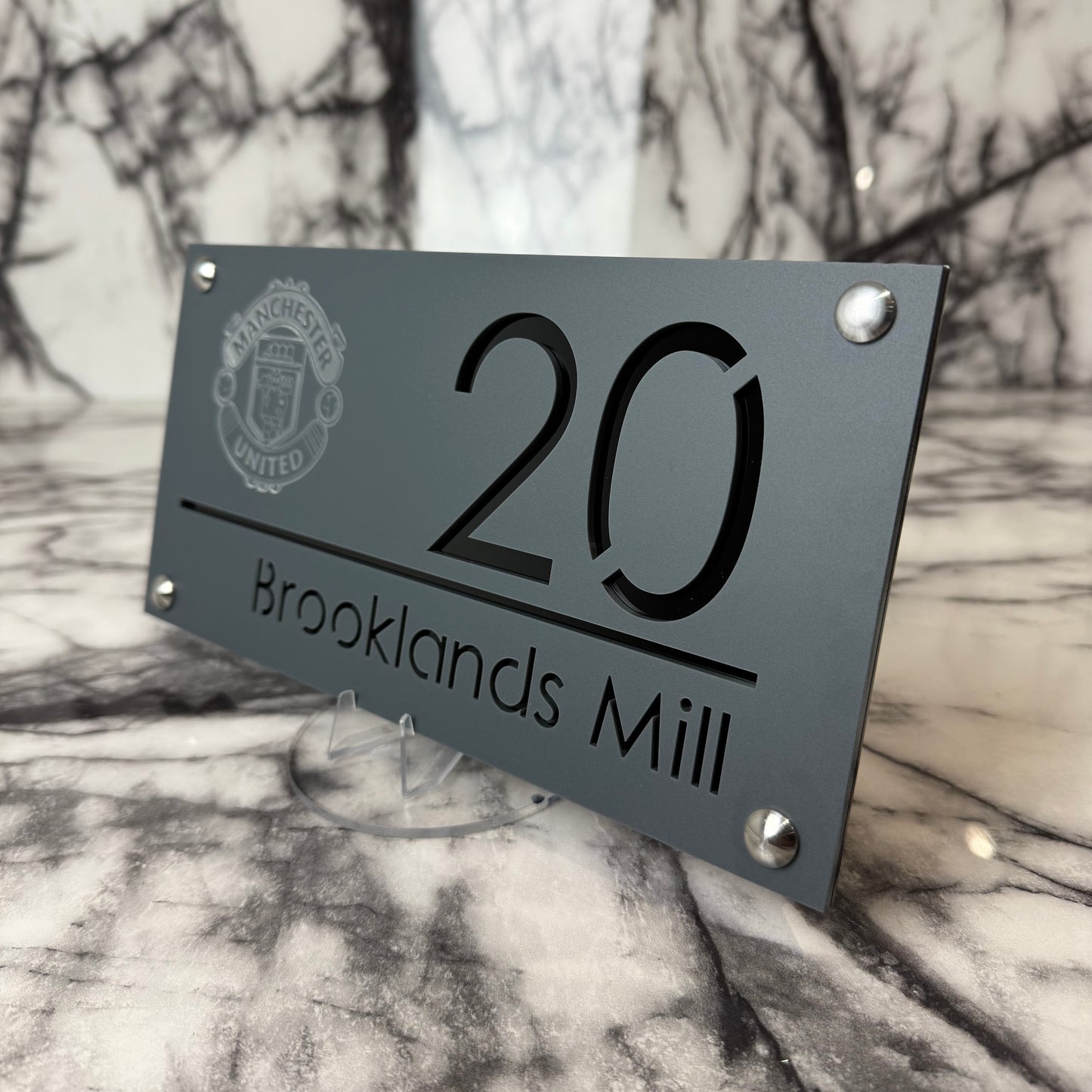 Personalised Matte Anthracite Acrylic Front Door Sign – Custom House Number & Street Name with Manchester United Badge Engraving and Custom Backplate Selection