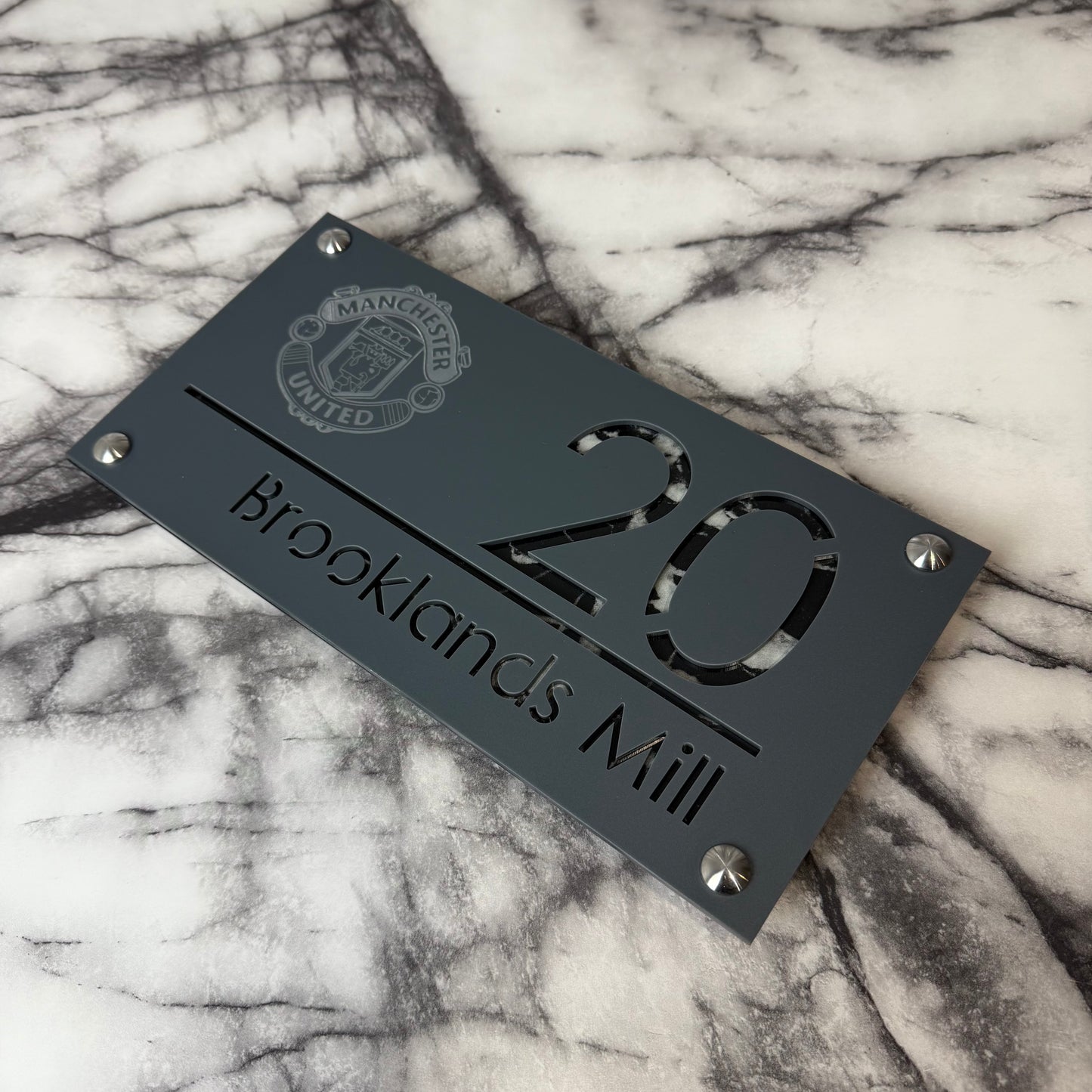 Personalised Matte Anthracite Acrylic Front Door Sign – Custom House Number & Street Name with Manchester United Badge Engraving and Custom Backplate Selection