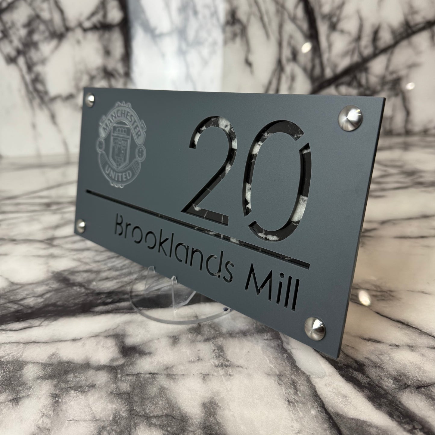 Personalised Matte Anthracite Acrylic Front Door Sign – Custom House Number & Street Name with Manchester United Badge Engraving and Custom Backplate Selection