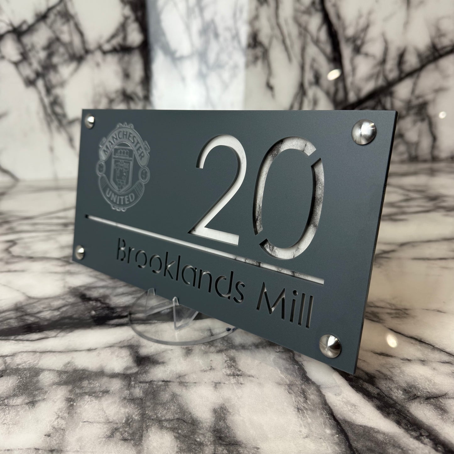 Personalised Matte Anthracite Acrylic Front Door Sign – Custom House Number & Street Name with Manchester United Badge Engraving and Custom Backplate Selection