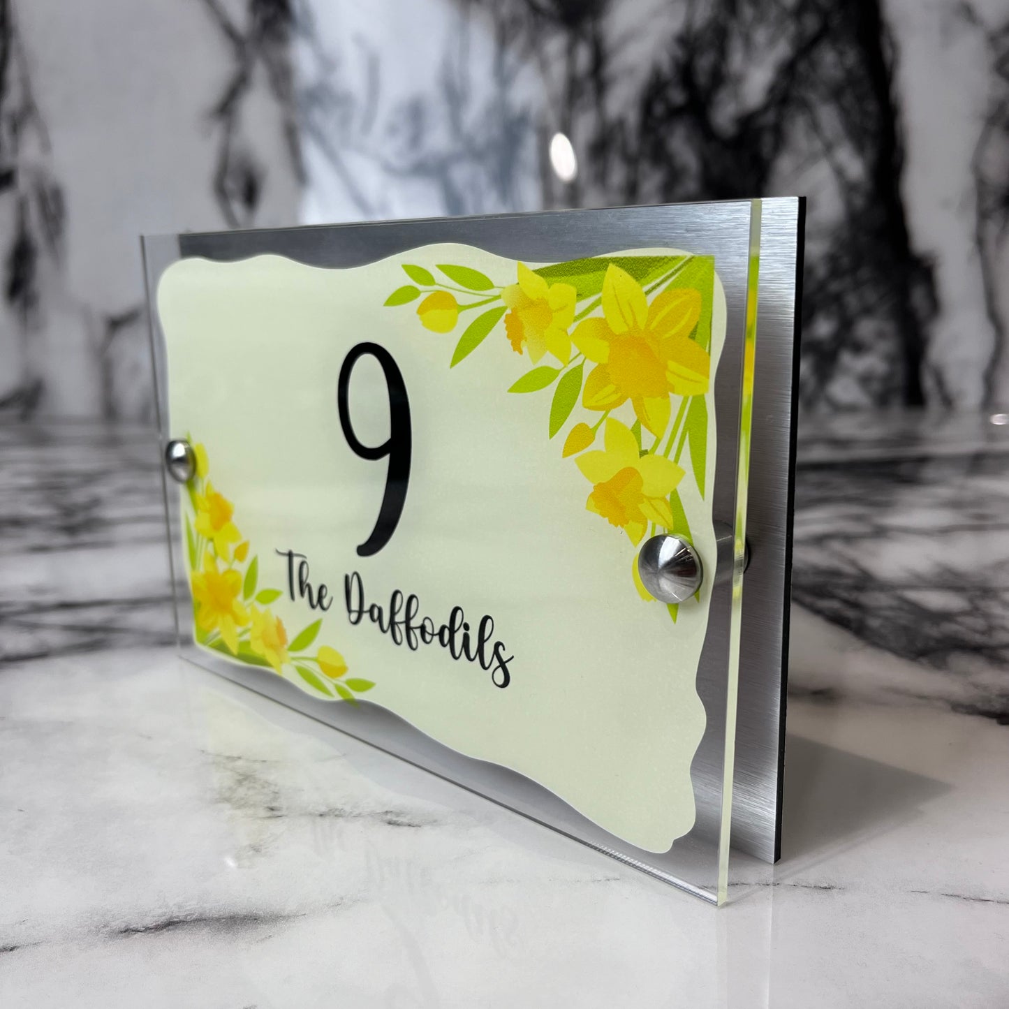 Personalised Modern House Number Plaque with Gorgeous Yellow Daffodil Design - Floral, Décor