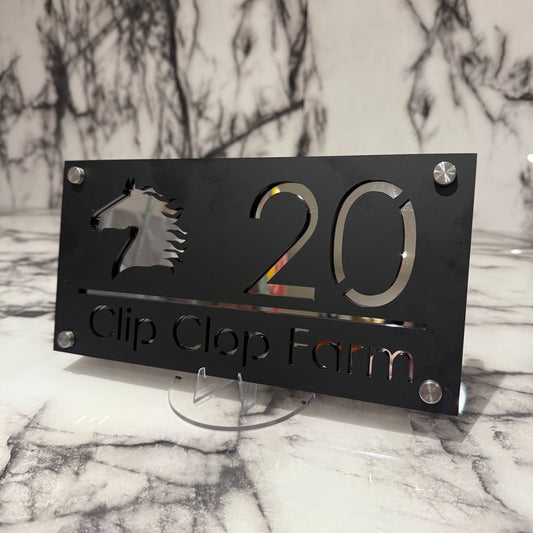 Personalised Matte Black Acrylic Front Door Sign – Custom House Number & Street Name with Horse Head Cut Out and Custom Backplate Selection