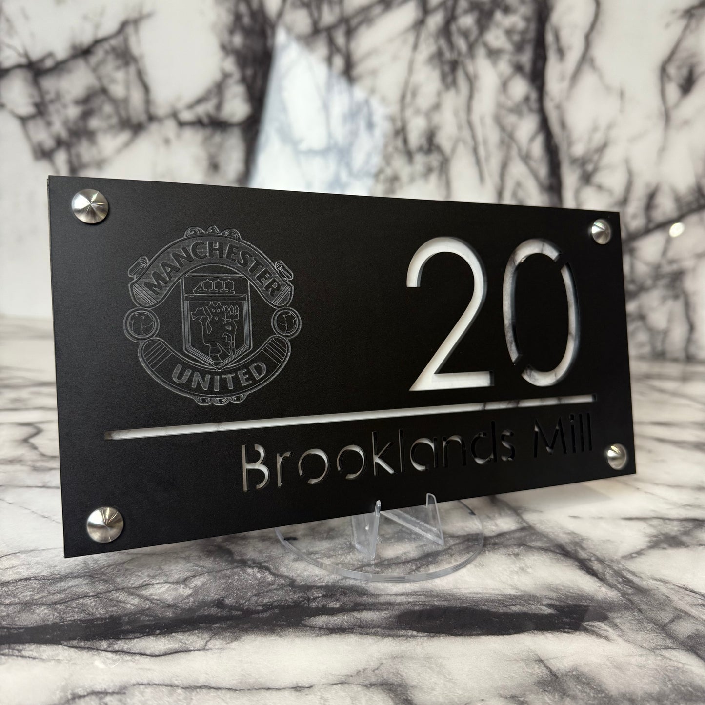 Personalised Matte Black Acrylic Front Door Sign – Custom House Number & Street Name with Manchester United Badge Engraving and Custom Backplate Selection (Copy)