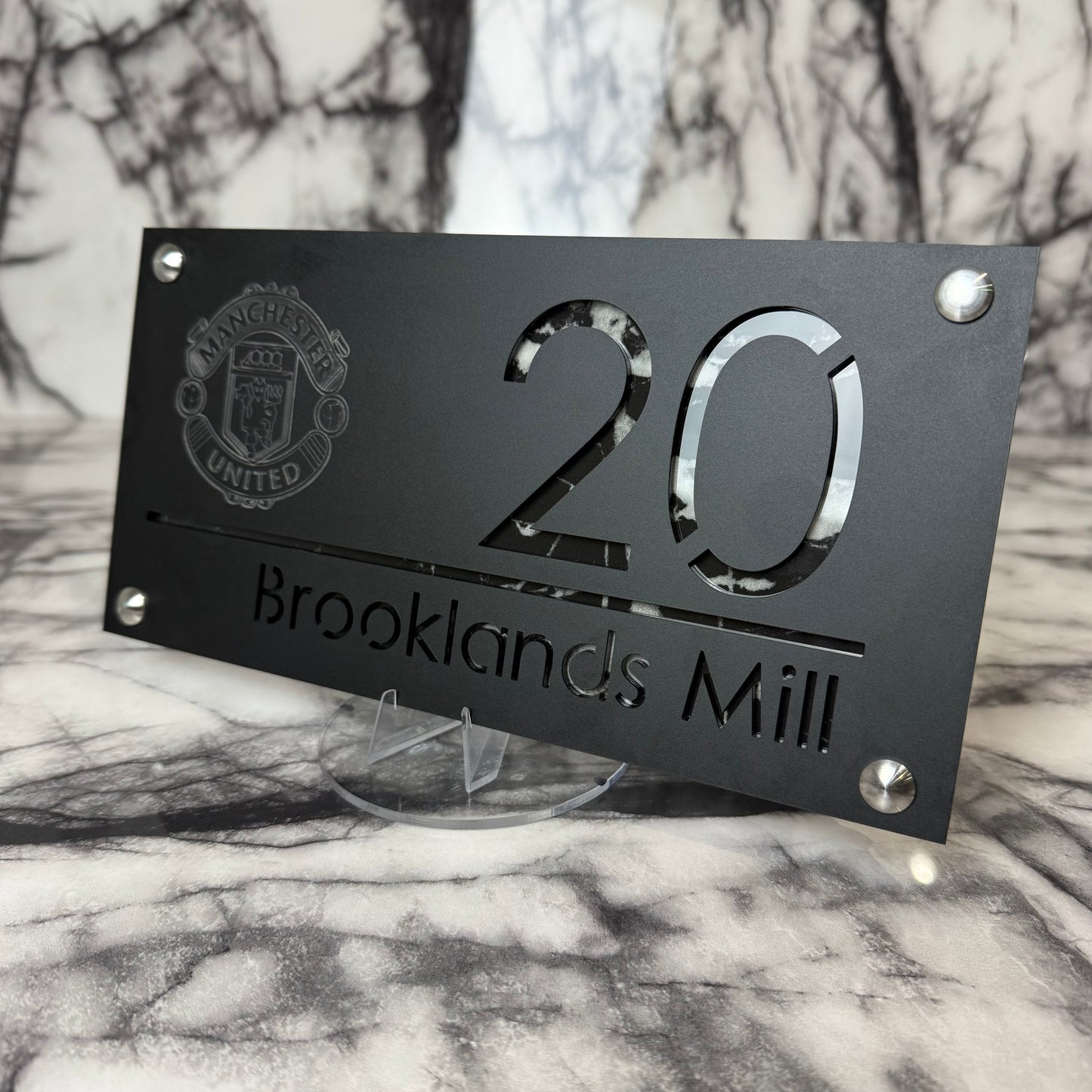 Personalised Matte Black Acrylic Front Door Sign – Custom House Number & Street Name with Manchester United Badge Engraving and Custom Backplate Selection (Copy)