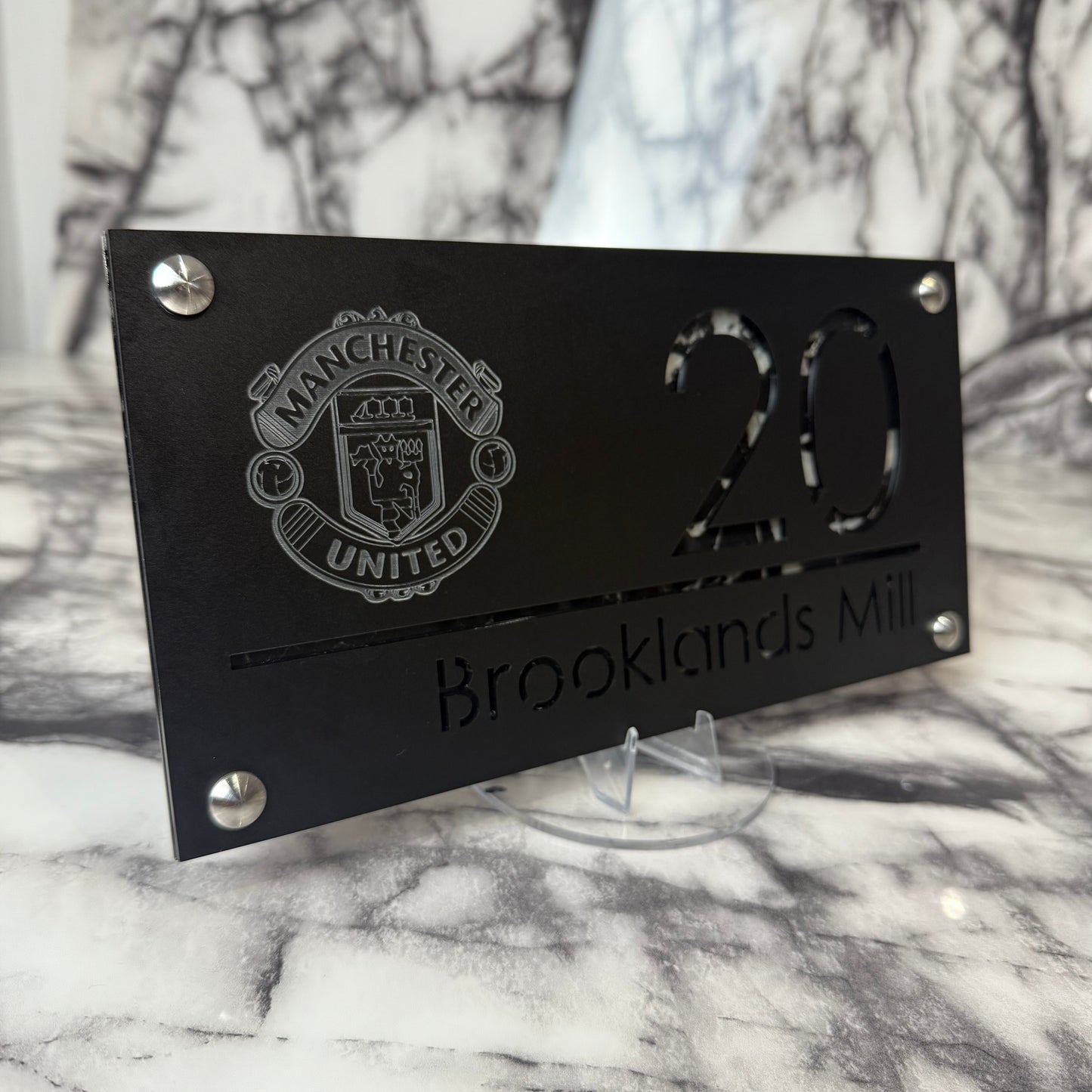 Personalised Matte Black Acrylic Front Door Sign – Custom House Number & Street Name with Manchester United Badge Engraving and Custom Backplate Selection (Copy)