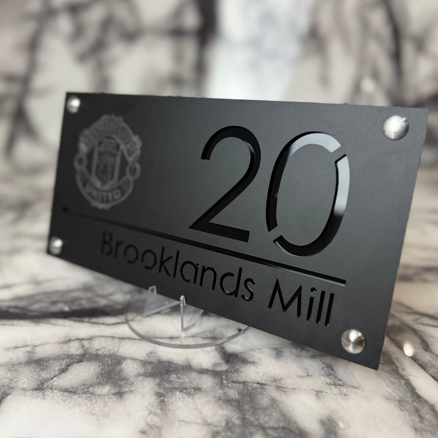 Personalised Matte Black Acrylic Front Door Sign – Custom House Number & Street Name with Manchester United Badge Engraving and Custom Backplate Selection (Copy)