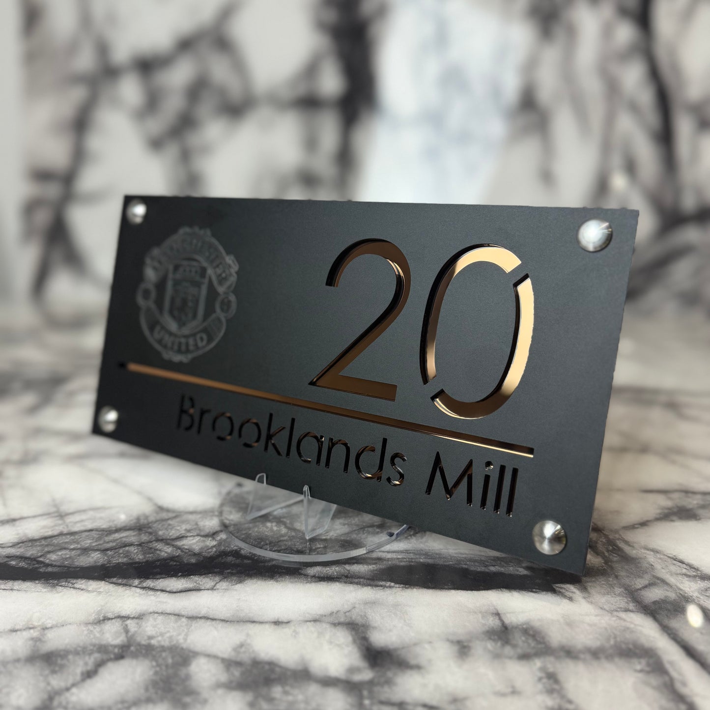 Personalised Matte Black Acrylic Front Door Sign – Custom House Number & Street Name with Manchester United Badge Engraving and Custom Backplate Selection (Copy)
