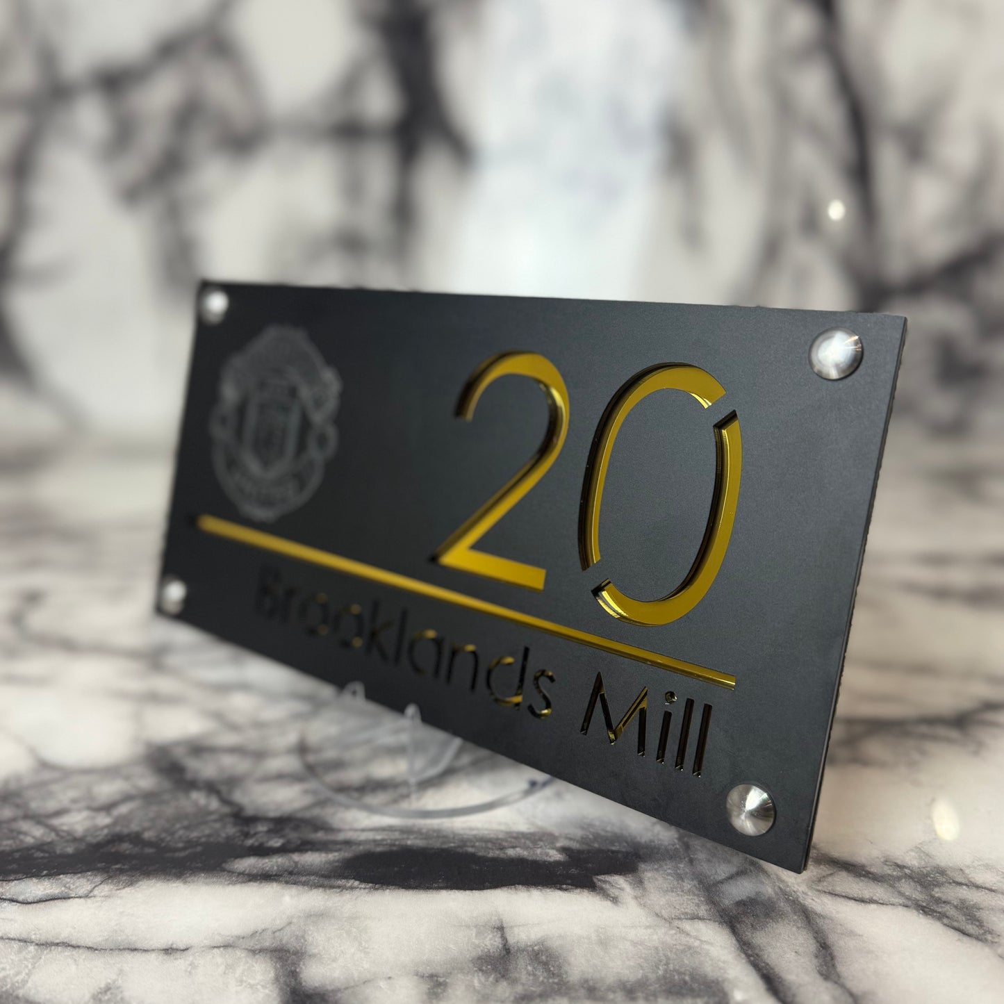 Personalised Matte Black Acrylic Front Door Sign – Custom House Number & Street Name with Manchester United Badge Engraving and Custom Backplate Selection (Copy)
