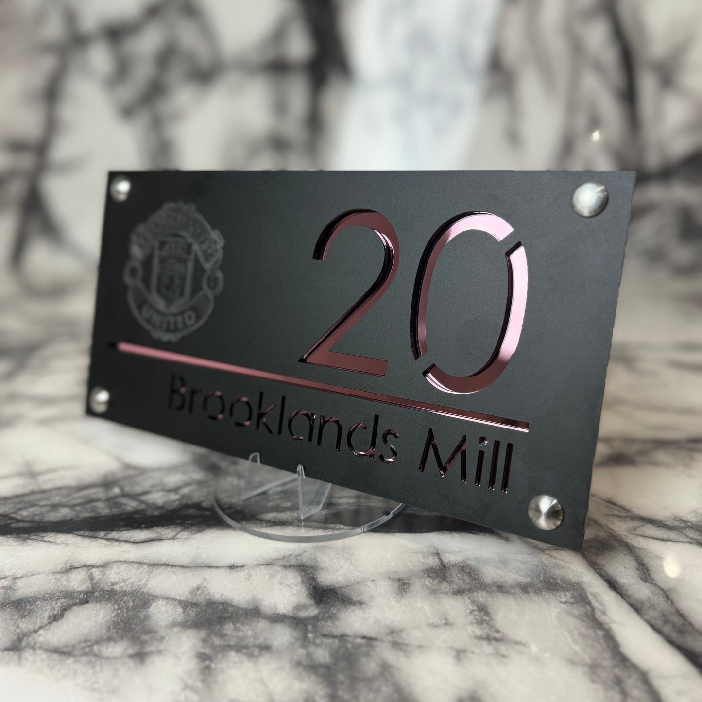 Personalised Matte Black Acrylic Front Door Sign – Custom House Number & Street Name with Manchester United Badge Engraving and Custom Backplate Selection (Copy)
