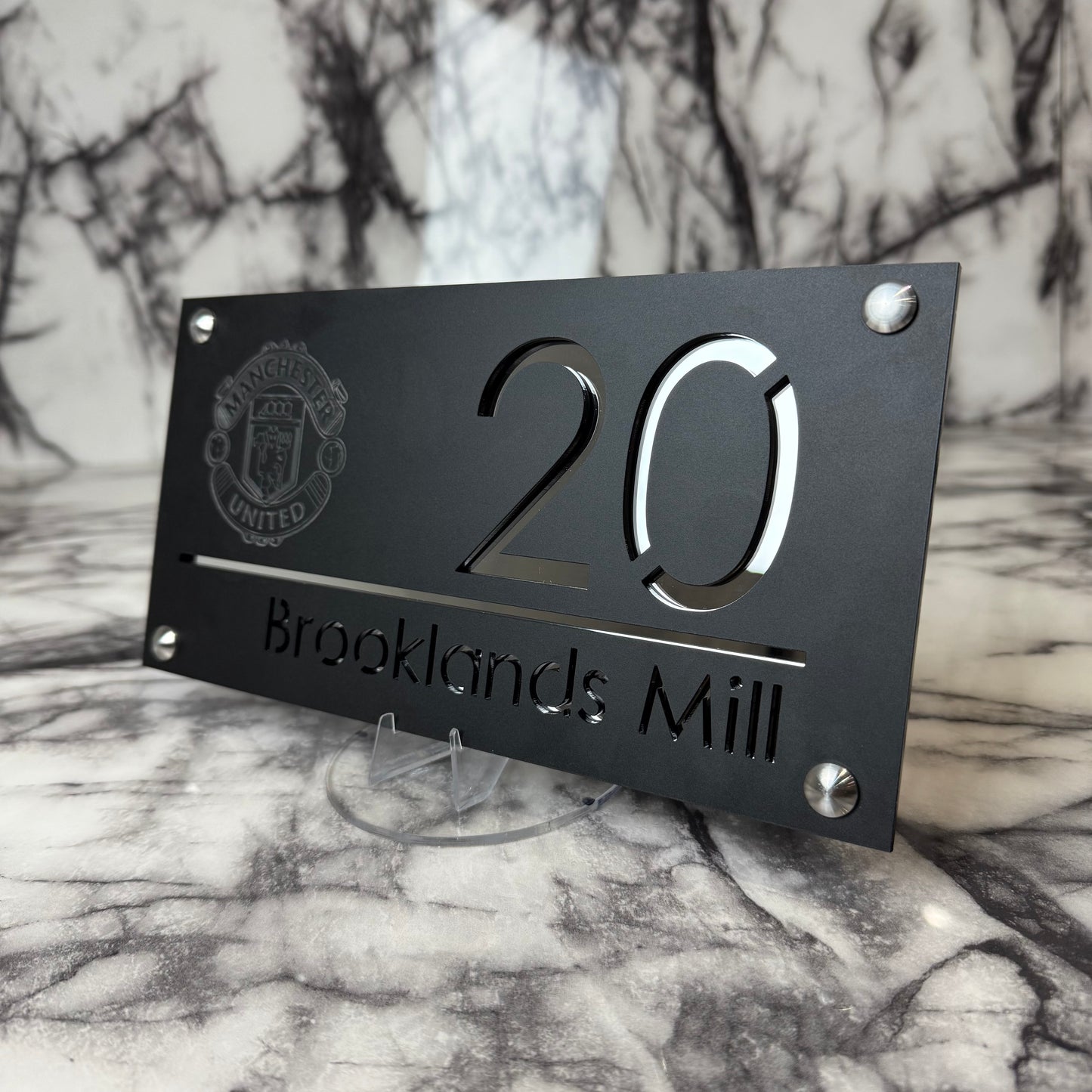 Personalised Matte Black Acrylic Front Door Sign – Custom House Number & Street Name with Manchester United Badge Engraving and Custom Backplate Selection (Copy)